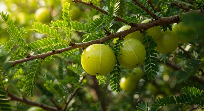 Indian Gooseberry Tree Branch with Ripe Fruit - Close-up of a branch laden with ripe Indian gooseberries, showcasing their vibrant green color and the lush foliage of the tree