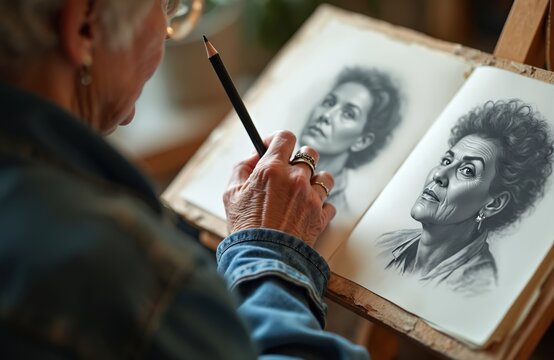 Closeup of elderly woman artist drawing portrait with pencil. Senior female hand draws in sketchbook with charcoal pencil. Art class, creative inspiration. Portrait of mature lady.