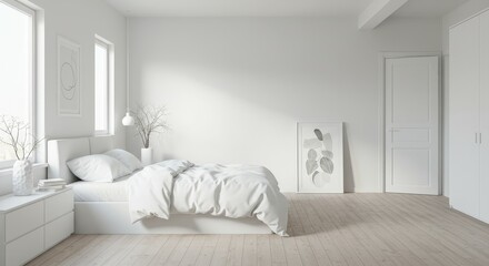 Minimalist White Bedroom Interior Design - Serene, simple, bright, and airy bedroom. Clean lines, white bedding, and modern furniture create a peaceful atmosphere.