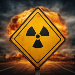 Yellow sign danger radiation against the background of a nuclear explosion. World nuclear war. Explosion, concept. Global catastrophe. Nuclear mushroom