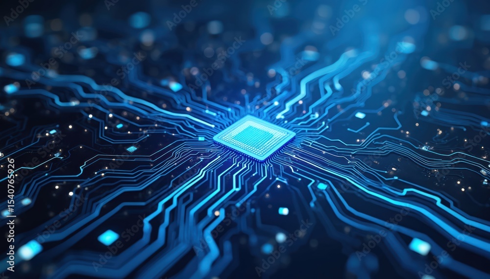 Poster Abstract circuit board illustration, tech design. Blue lines, glowing elements. Digital data processing, computing, AI, machine learning, modern tech, data transfer, future tech.