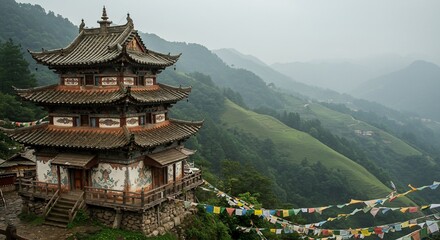 Ornate temple nested amid misty mountain slopes