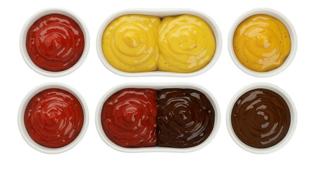 An overhead view of various sauces in white containers arranged in two rows on a black background