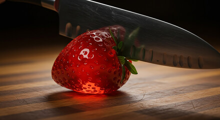 Translucent Strawberry Being Sliced with Sharp Kitchen Knife on Cutting Board