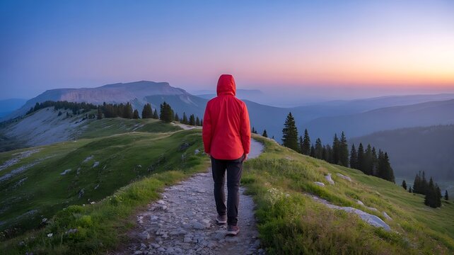 Person in red jacket hiking mountain trail at sunrise | Outdoor adventure and nature exploration