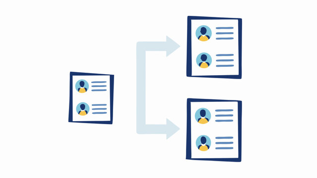 Documents with profile icons being split into multiple documents with arrows shown here now