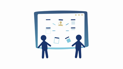 Two figures standing before a screen displaying a network of connected documents and a central profile