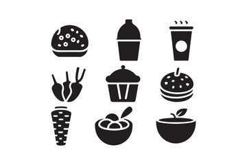 Fast Food and Drink Icons Burger, Snack, Coffee, Juice, Dessert, and Vegetable Symbol Set