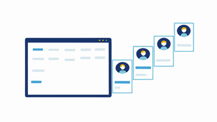 Illustration of a user interface with a window and profile cards in a cascading arrangement