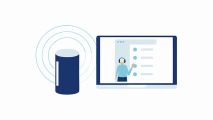 Smart speaker with wifi signal and tablet showing a video call on a white background image view