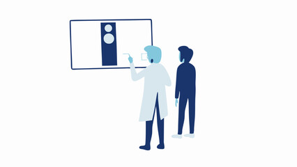 Two people looking at a diagram on a whiteboard in a light and dark blue color palette scheme design