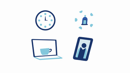 Illustration of a clock, a laptop with a cup, a notification bell, and a tablet with a person icon