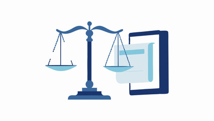 Illustration showing a scale of justice next to a tablet with a document on the screen