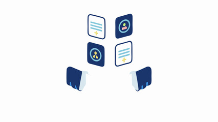 Isometric view of hands presenting documents and profiles in a digital interface display