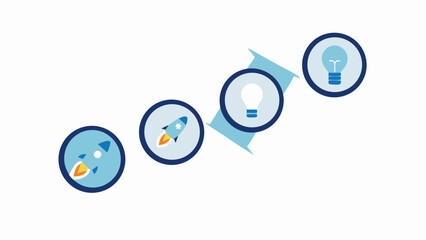 Illustration of a startup process with rockets and lightbulbs in blue circles connected by a line