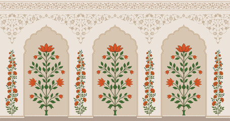 Traditional Mughal flower motif. Traditional wall decorative flower painting. Mughal wall paintings.
