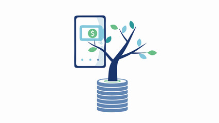 Illustration of money growing like a tree with a phone showing dollar sign and coin stack base