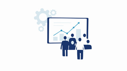Illustration of a business meeting with a chart showing growth and gears in the background