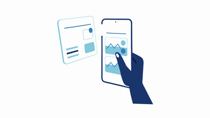 Hand interacting with a smartphone displaying charts next to a floating business card design