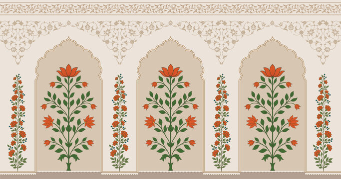 Traditional Mughal flower motif. Traditional wall decorative flower painting. Mughal wall paintings.