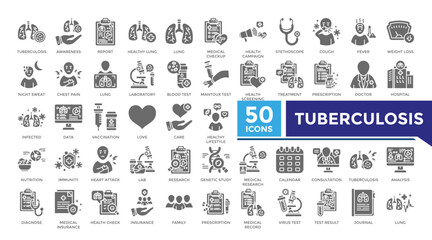Tuberculosis solid icon set collection. This set includes lab, diagnosis, treatment, doctor, lung, infection, health check and more icons in solid style. Vector icons collection for infographics