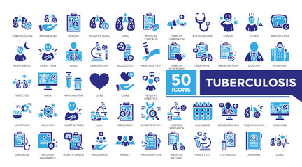 Tuberculosis icon solid two color set collection. This set includes diagnosis, treatment, doctor, lung, infection, health check and more icons in solid style. Vector icons collection for infographics