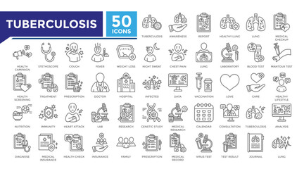 Tuberculosis lineal icon set collection. This set includes lab, diagnosis, treatment, doctor, lung, infection, health check and more icons in lineal style. Vector icons collection for infographics