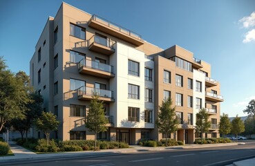 Modern apartment building exterior in Silicon Valley. Luxury rental units, residential complex in San Jose, California. Contemporary architecture, urban living, real estate investment, housing market.