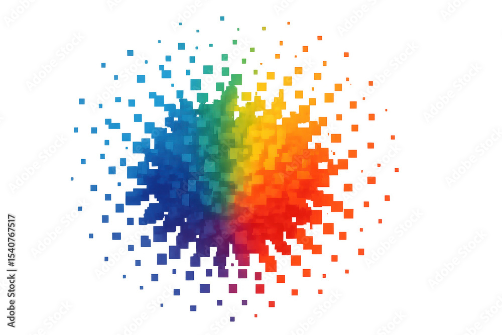Poster colorful pixelated explosion expanding on a transparent background, creating a vibrant and dynamic v