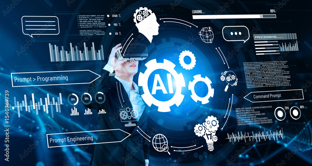 Poster smart businessman wearing suit and vr goggle while using ai assistance planning plan. project manage