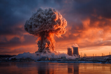 Dark smoke billows from an industrial area at sunset, creating a striking contrast against the colorful sky