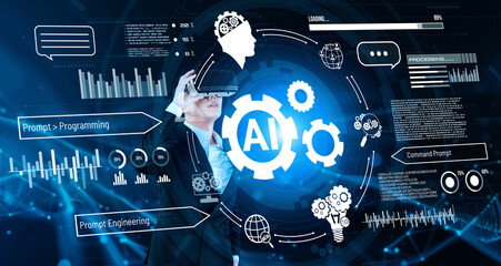 Smart businessman wearing suit and VR goggle while using AI assistance planning plan. Project...