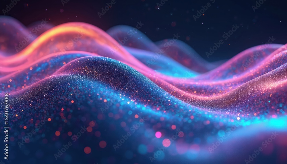 Poster abstract 3d illustration features flowing waves of holographic, iridescent colors. neon lights in mo
