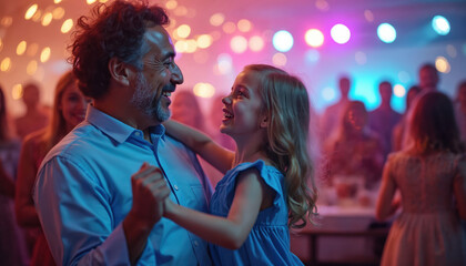 Joyful father dances with daughter at family event, illuminated indoor lighting. Cheerful atmosphere, bonding between parent child. Man embraces little girl, celebrating life.