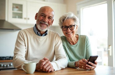 Interracial senior couple smiles happily in home kitchen. Elderly man, woman enjoys morning, drinking coffee. Woman holds phone, uses tech in retirement. Happy, healthy lifestyle.