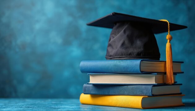 Graduation cap sits stack blue books, yellow lower book. Education concept shows degree, diploma, learning. Backdrop blue background. Academic achievement, higher education, school, college,