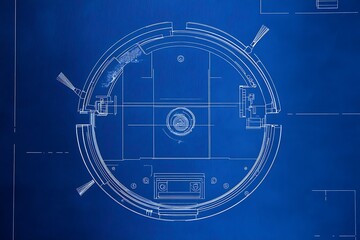 A blueprint of a robot vacuum cleaner with sensor positions, wheel motor design, and cleaning path system 