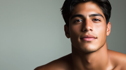Portrait of a young male hispanic latin model, age 25, attractive man, publicity poster for skin care. Copy space available. gray background.