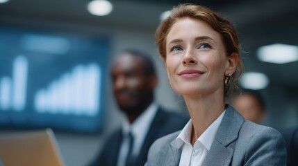 Motivated businesswoman intently listening smiling confidently in a modern office meeting surrounded by diverse colleagues and financial data displays