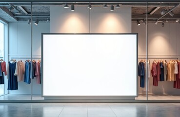 Horizontal mockup blank LED billboard lightbox in fashion clothes shop. Empty advertising display frame, banner for commercial marketing design product promotion. Modern urban interior, retail,