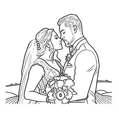 black and white line. wedding couple. the bride and groom hug each other. woman carrying flowers. Cartoon Style Illustration