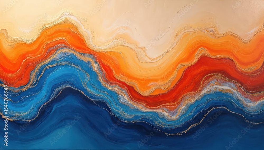 Poster abstract art painting on canvas. dynamic wave pattern in vibrant orange, blue colors. modern artwork
