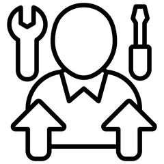 Skill Growth Outline Style Icon - Person with tools and upward arrows, symbolizing skill development and improvement
