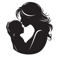 Minimalist Silhouette of a Mother Hugging Her Baby in Circle FrameA heartfelt vector showing a mother warmly hugging her child. Designed in full black silhouette with clean outlines on white backgroun