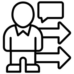 Task Direction Outline Style Icon - Person with three arrows and speech bubble, representing decision making and task management