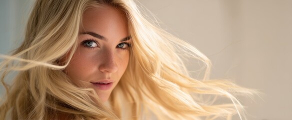 Obraz premium The captivating blonde woman with flowing hair and a serene expression.