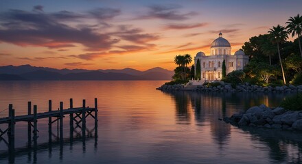 Tranquil villa sunset over shimmering water