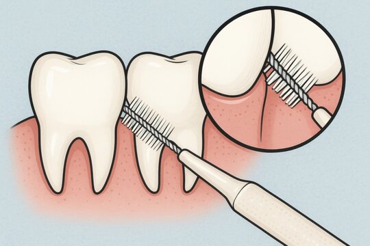 Illustration showing interdental brushing between teeth with a special small brush to clean hard-to-reach areas and promote oral hygiene.