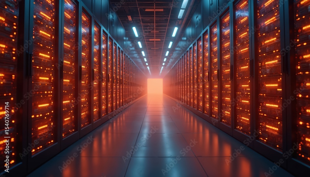 Poster Data center corridor with server racks emitting bright orange light. Modern tech, digital infrastructure concept with futuristic design. Server room with computing cloud storage. Secure database,