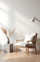 Minimalist scandinavian style interior design. Modern living room chair with cushion pillow, trendy vase with dried flower composition, wooden floor. Sunlight shadow creates cozy, comfortable